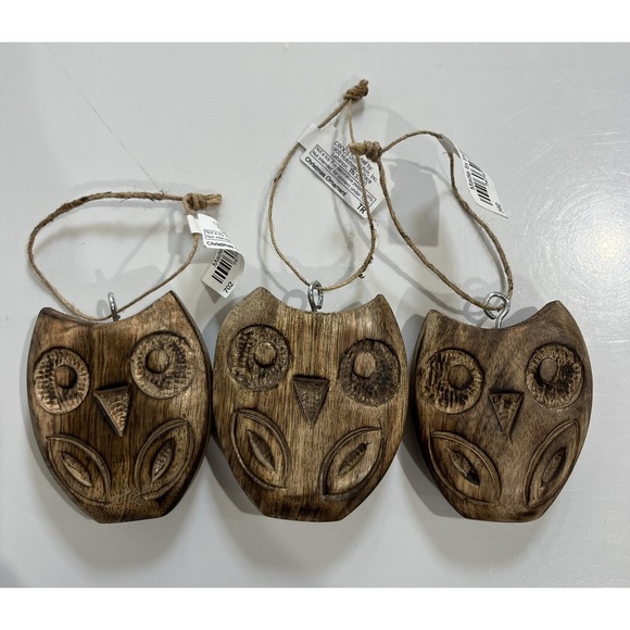 Lot 3 Carved Wooden OWLS Christmas Ornaments‎ Nature Holiday Rustic Decor - Picture 1 of 5